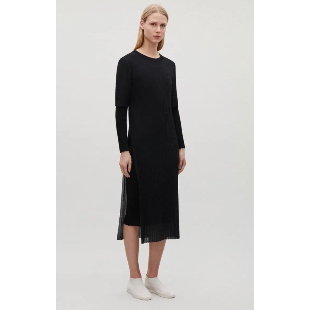 COS Layered Sheer Knit Dress Ribbed Knit Side Split Black Navy Blue Minimalist S